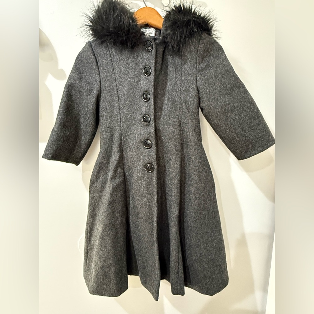 Rothschild Wool‎ Long Coat Girls Size 7 Dressy Formal Charcoal Gray Hooded Fur